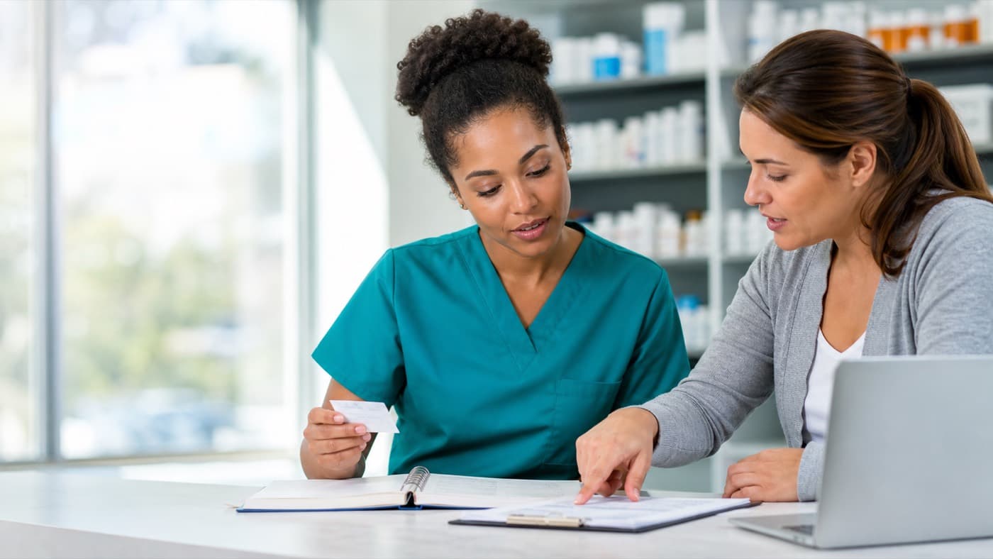 Pharmacy technician and tutor reviewing PTCB practice materials