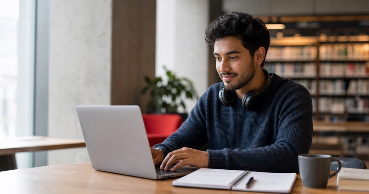 CELPIP candidate studying on a laptop in a library